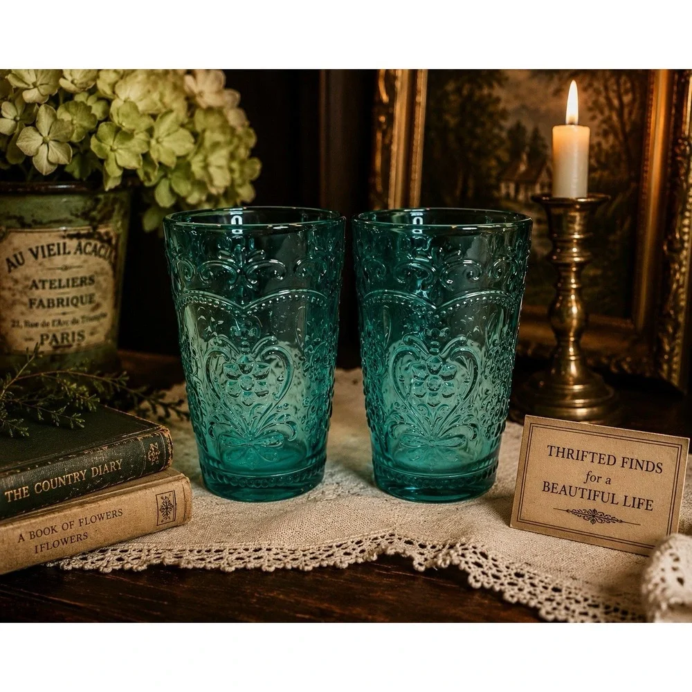 Rare Pioneer Woman Amelia Teal Glass Tumblers Set of 2 Embossed 14 oz